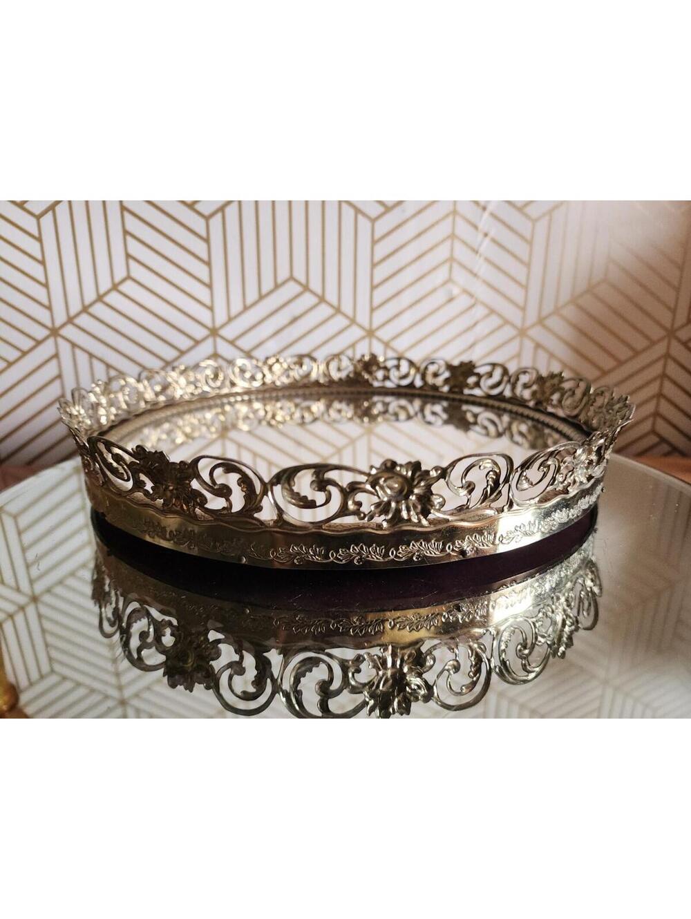 Vintage Round Hollywood Regency Style Brass Filigree & Glass Mirror Vanity Tray